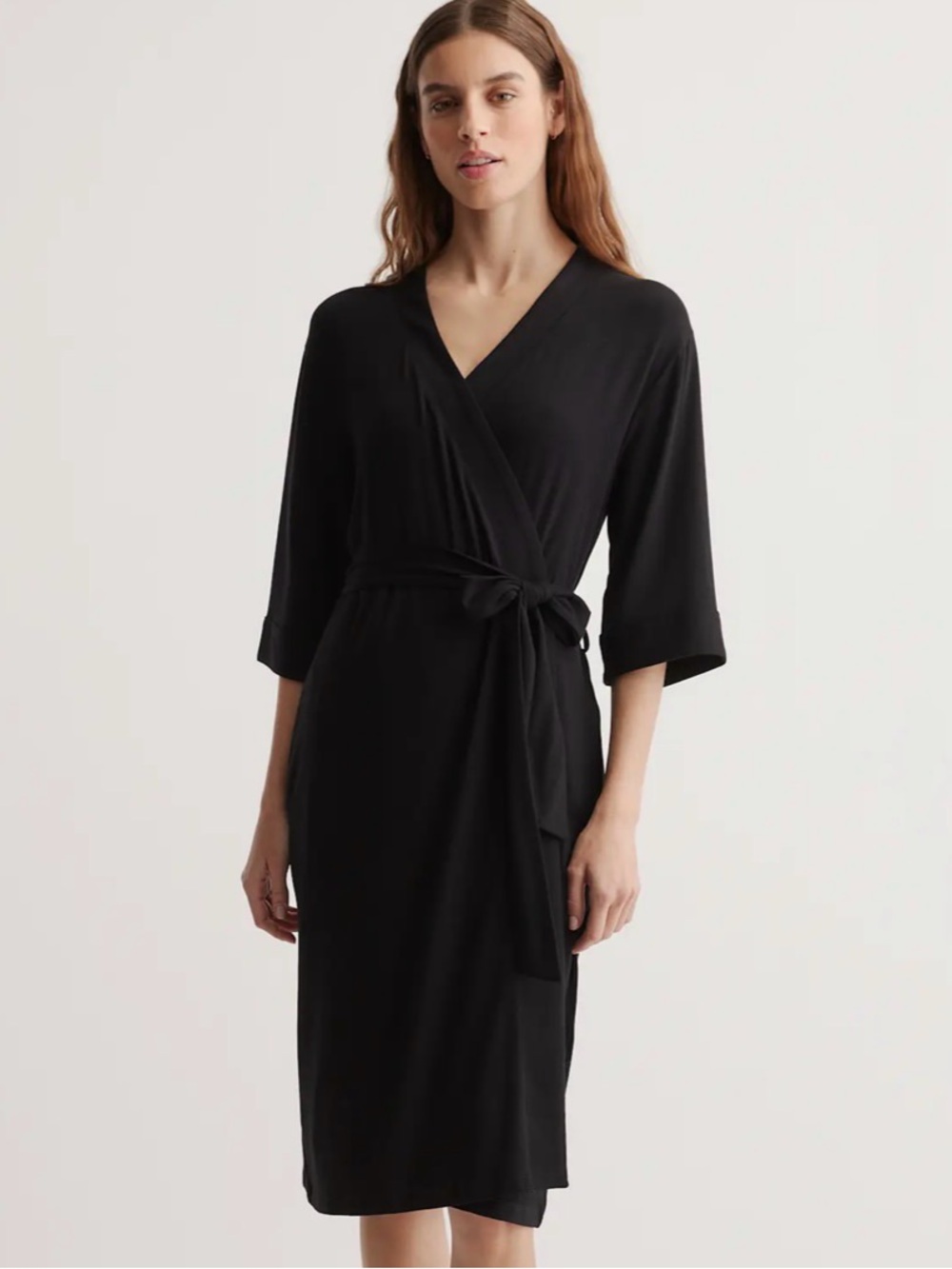 NEW NWT Quince Bamboo Jersey Robe Women’s Black Wrap Cozy Robe with Tie Waist S